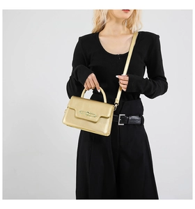 Detail of a metallic gold crossbody bag with sleek metal clasp on a black outfit