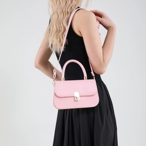 Pink leather square handbag with gold twist lock and shoulder strap for women