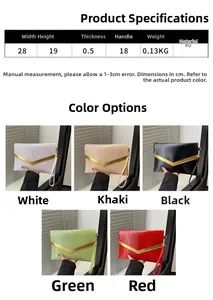 Detailed size specifications and color options for the minimalist PU envelope clutch bag