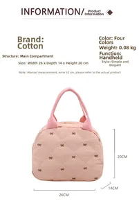 Sac à main matelassé rose avec nœuds bruns, dimensions 26x14x20cm détaillées en image
