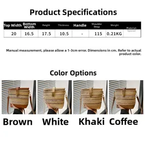 Size chart and dimensions for woven bucket bag showing four color options and strap details