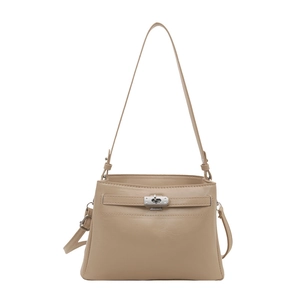 Elegant beige Kelly-style handbag with classic metal twist lock and slim shoulder strap