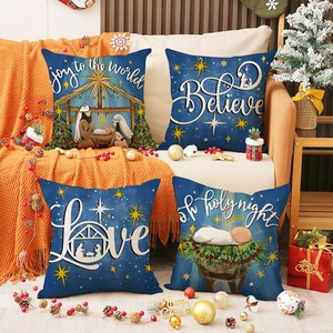 Christmas Cushion Covers Linen Nativity Scene Religious Star Of Bethlehem Decorative Pillow Cases Sofa Couch Decor