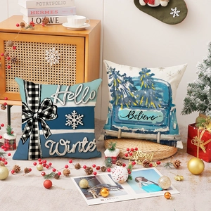 Housses de coussin de Noël en lin avec motif camion Hello Winter et décor festif