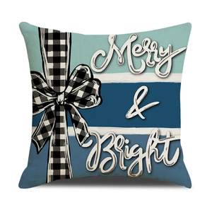 Housse de coussin Noël en lin à rayures bleues avec nœud Merry & Bright à carreaux