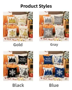 Detailed four-color grid showing Nordic Christmas linen pillowcase sets in a cozy room
