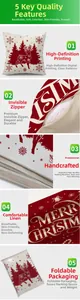 Detail showing red Christmas reindeer print on linen pillowcase with hidden zipper