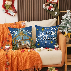 Christmas navy blue linen pillow covers with Starry Night Nativity and Believe print