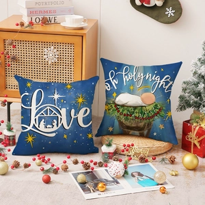 Navy Christmas linen pillow covers with Love and Oh Holy Night prints for holiday decor