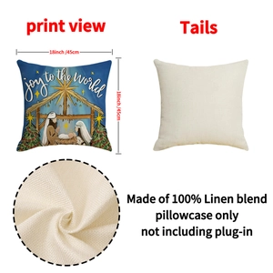 Linen Christmas pillow case with Joy to the World print and nativity scene 18x18 inch