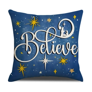 Linen Christmas pillow case with Believe lettering and nativity silhouette in dark blue