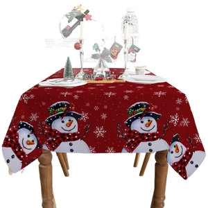 Red Christmas polyester tablecloth with festive snowman and white snowflake print