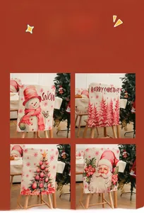 Detailed view of four Christmas chair covers with linen texture and festive holiday prints