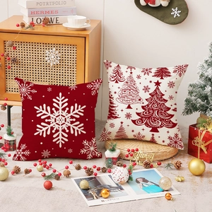 Red and white Christmas snowflake and tree print linen pillow covers for home decor