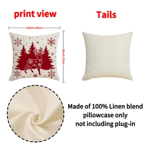 Christmas pillow cover with red reindeer print and 18x18 inch linen fabric detail