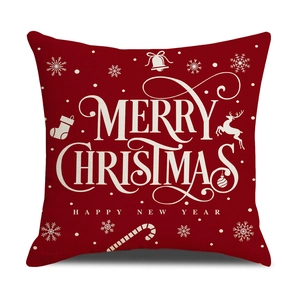 Red Christmas pillow cover with white Merry Christmas print and festive icons