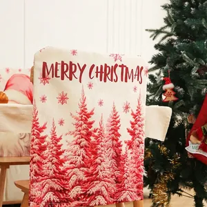 Christmas chair cover with red forest print and Merry Christmas text on linen fabric