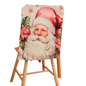Christmas chair cover featuring Santa Claus and floral patterns on linen-like fabric