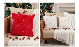 Detalle de funda de cojín con árbol de Navidad texturizado y bordado de estrella dorada