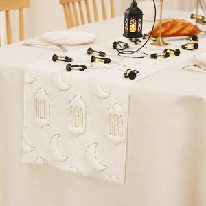 Ramadan Eid Table Runner Moon Star Lantern Sequin Embroidery Plush Polyester Middle Eastern Festive Dining Table Decor
