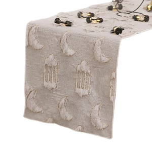 Grey plush table runner with gold moon and lantern sequin embroidery for Ramadan