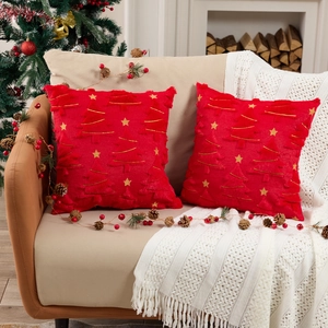 Funda de Almohada con Bordado 3D de Árbol de Navidad Terciopelo PV de Felpa Suave con Estrella Dorada Estilo Navideño Sofá Hogar
