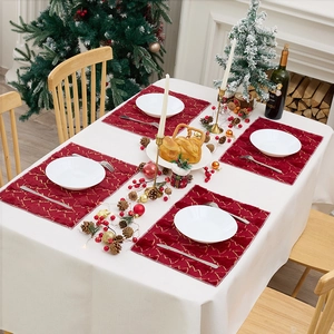 Red Christmas placemats set of 4 with golden tree embroidery for festive table decor