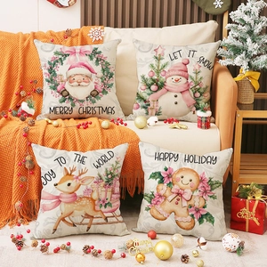 Housses De Coussin Décoratives De Noël Faux Lin Rose Père Noël Bonhomme De Neige Renne Bonhomme De Pain D'épice Imprimé