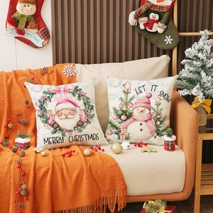 Housses de coussin de Noël roses en lin avec motifs Père Noël et bonhomme de neige