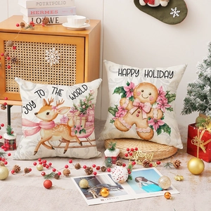 Housses de coussin de Noël roses avec motifs de cerfs et texte sur tissu en lin