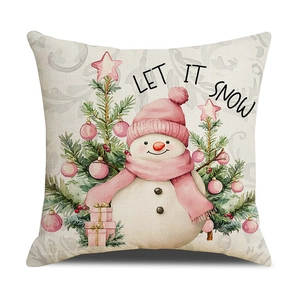 Housse de coussin Noël bonhomme de neige rose imprimé Let It Snow en lin beige