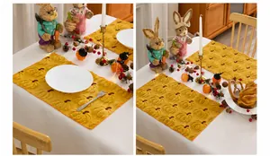 Detail of 3D pumpkin embroidery on yellow chenille placemat for Thanksgiving decor