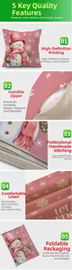 Detailed views of pink reindeer linen pillowcase with high-definition print and hidden zipper