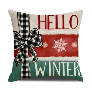 Christmas snowman pillowcase with Hello Winter text on linen fabric for sofa decor