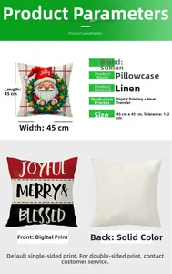 Close-up of Santa Claus linen pillowcase showing 45x45cm size and digital printing detail