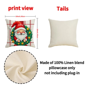 Christmas Santa Claus print throw pillow cover with red plaid and linen blend texture