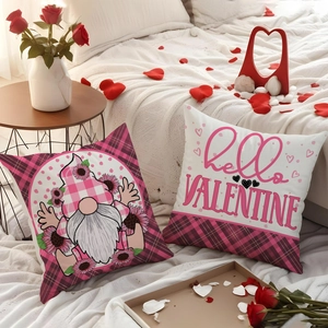 Valentine's Day linen pillow covers with pink gnome and hello valentine heart prints