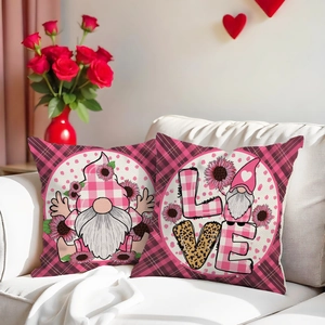 Set of 2 Valentine's Day linen pillow covers with love gnomes and pink plaid patterns