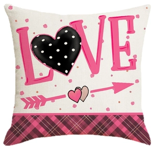 Linen Valentine's Day pillow cover with pink LOVE lettering and heart patterns