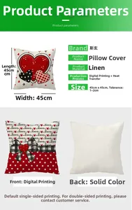 Detailed size chart for linen pillowcase featuring love hearts and digital print dimensions
