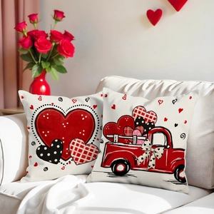 Romantic Valentine's Day heart and red truck pillow covers set on white sofa decor