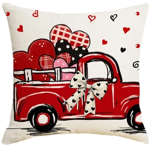 Valentine's Day heart truck throw pillow cover with linen texture on white background
