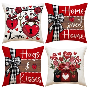 Valentinstag Herz Rose Büffelkaromuster Dekorativer Kissenbezug Rot Weiß Polyester Kissenhülle Für Sofa Haus Dekoration