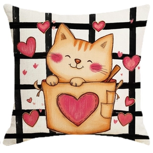 Cartoon orange cat sitting in a heart pocket on a white canvas pillowcase with grid pattern