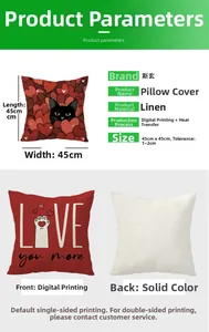 Detail view of a 45x45cm linen cat pillowcase with LOVE you more print and heart patterns