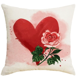 Romantic linen Valentine pillowcase with watercolor red heart and pink rose print