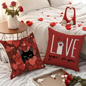 Romantic Valentine's cat print pillow covers set with red hearts and love quotes