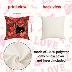 Romantic black cat and heart print square pillow cover 18x18 inches polyester linen texture