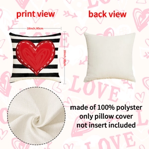 Housse de coussin en polyester à rayures noir et blanc avec motif coeur rouge, 18x18