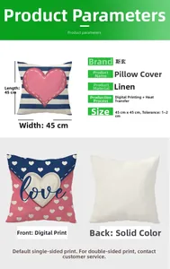 Detailed infographic of 45x45cm linen pillowcase with heart pattern and love print